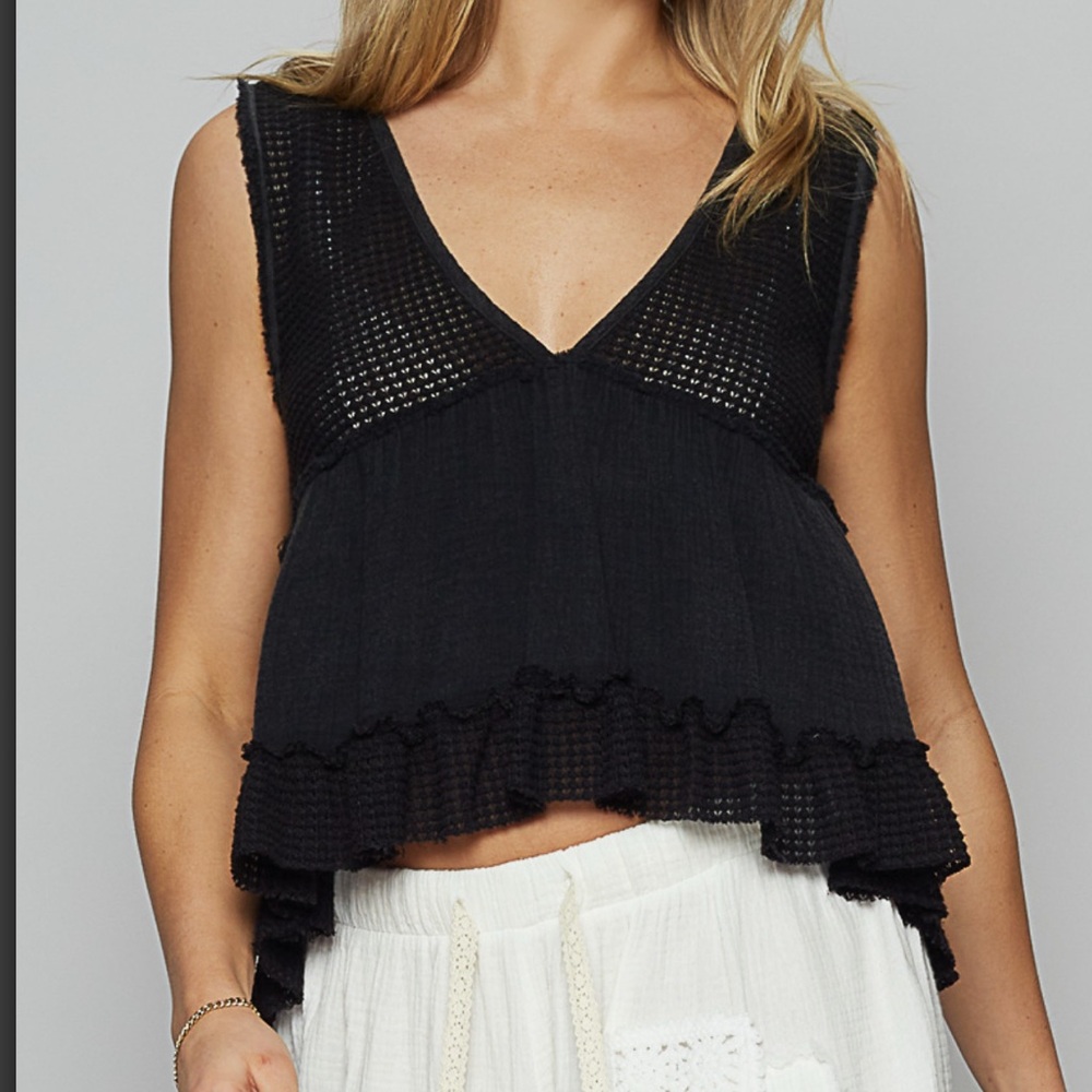 New POL48 hr preview sale: Black Sleeveless waffle knit ruffle Babydoll Top.